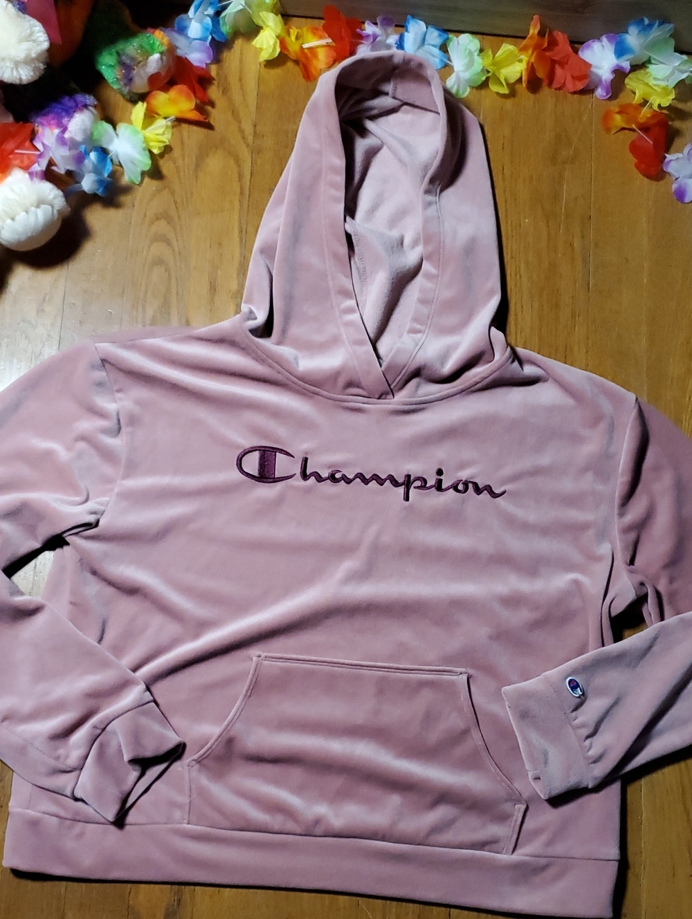 Champion Dusty Rose Velvet Hoodie with Script Logo